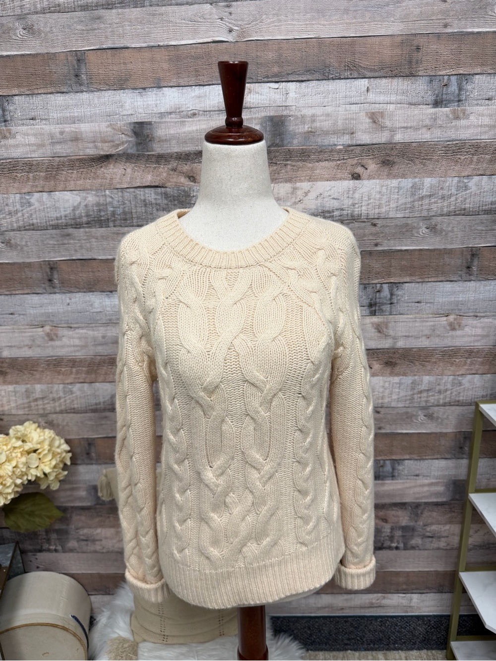 Ann Taylor Cream Cable Crewneck Sweater